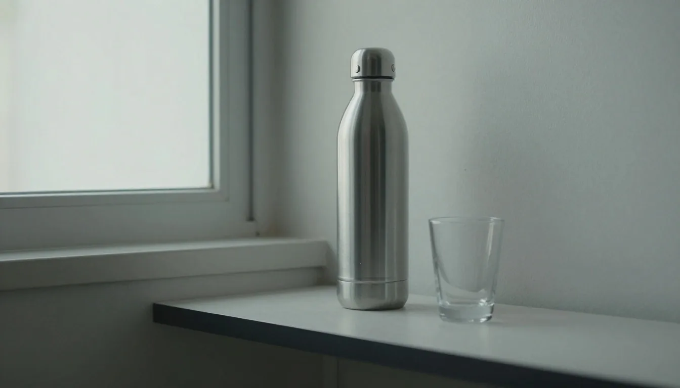 A refillable water bottle and glass on a plain office desk