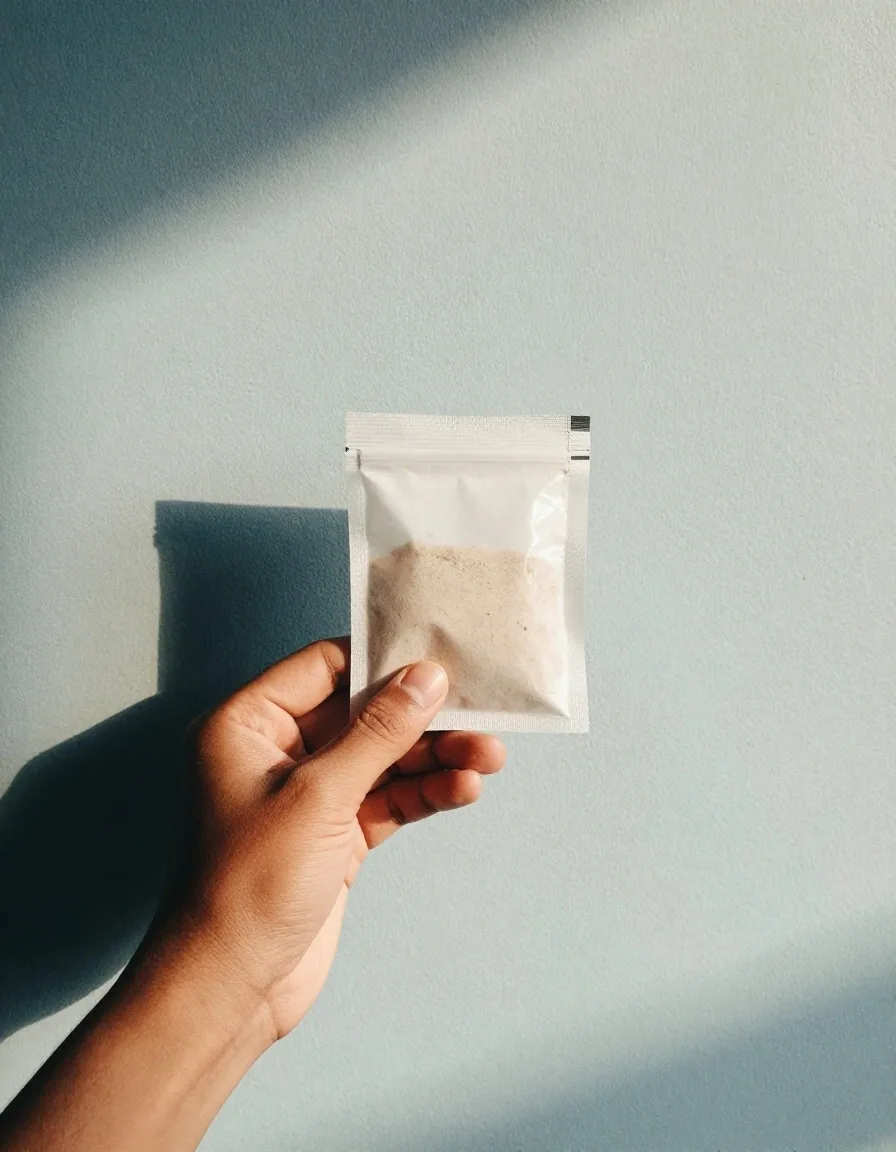 A hand holding a daily supplement sachet against a sunlit stucco wall