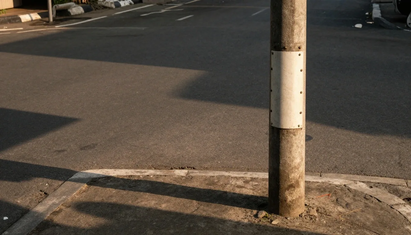 Enamel street plates bolted to a concrete post beside a Surabaya road in late afternoon light