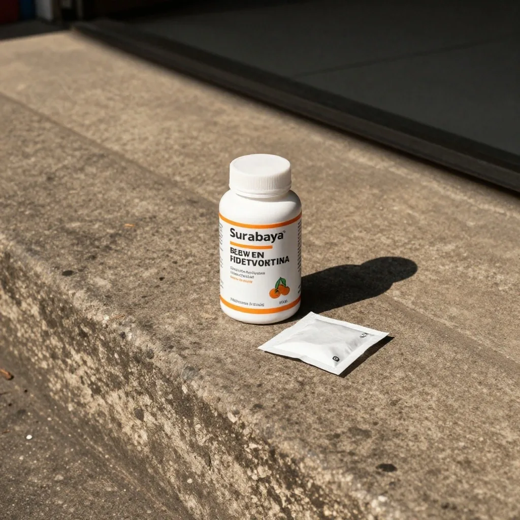 Supplement bottle and sachet on a concrete step in afternoon light