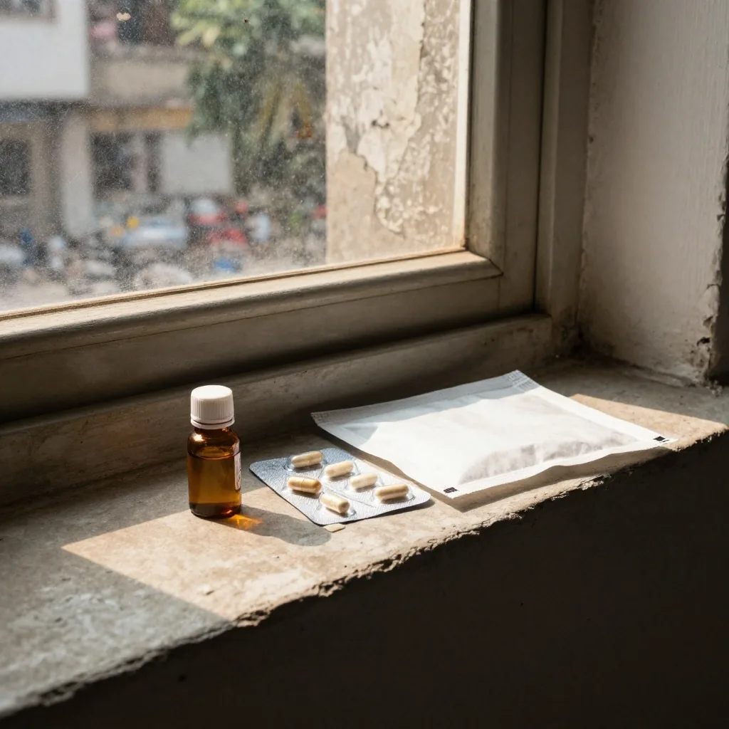 A capsule bottle, a tablet box and a paper sachet on a concrete ledge in afternoon light