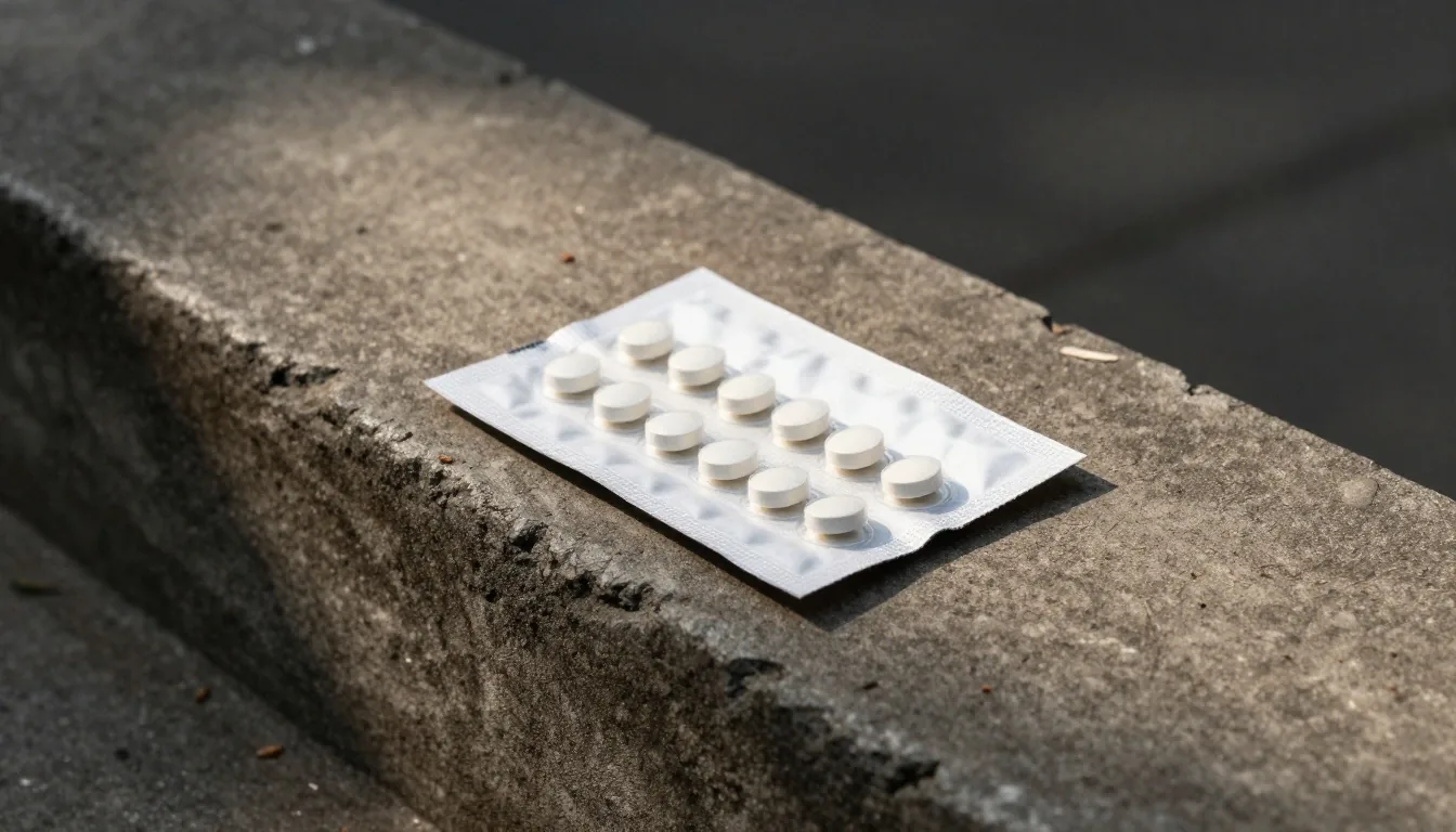 Daily sachets arranged in a row on a concrete step in shaded afternoon light